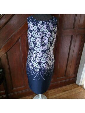 Talbots Womens Floral Sleeveless Sheath Dress Size 12 Navy & Lavender